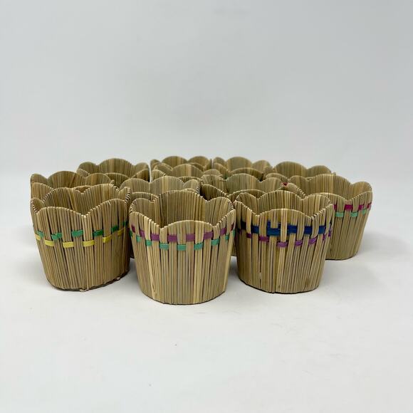 Vintage Tiki Bar Cup Holders Tan Multi Scalloped Woven Straw Japan Set of 12 - Picture 2 of 8